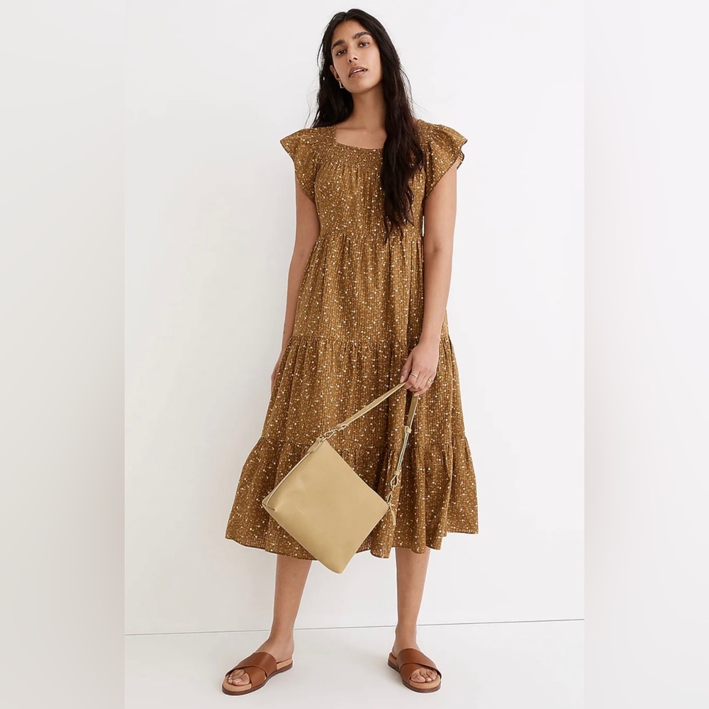 Madewell Ruffle-Sleeve Tiered Midi Dress in Daisy Stitch